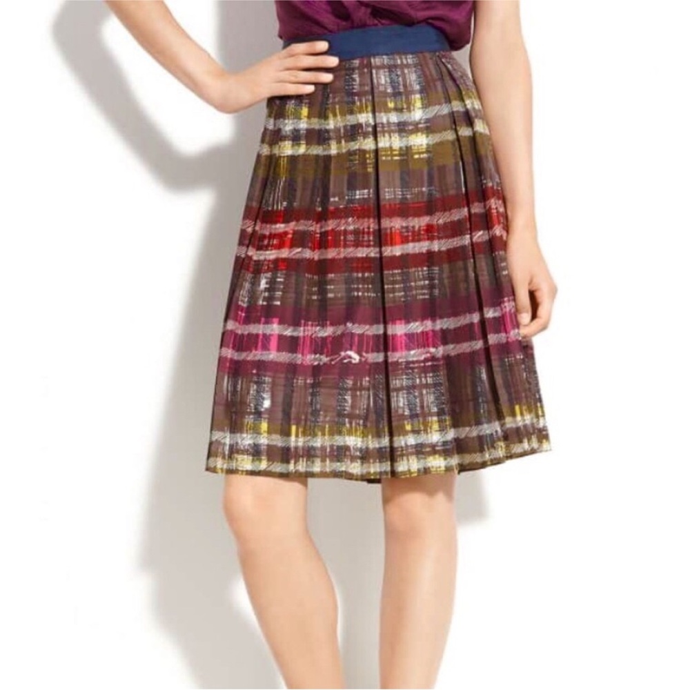 New Trina Turk silk plaid pleated Tidepool Navy Brown Pink Multi skirt 6
